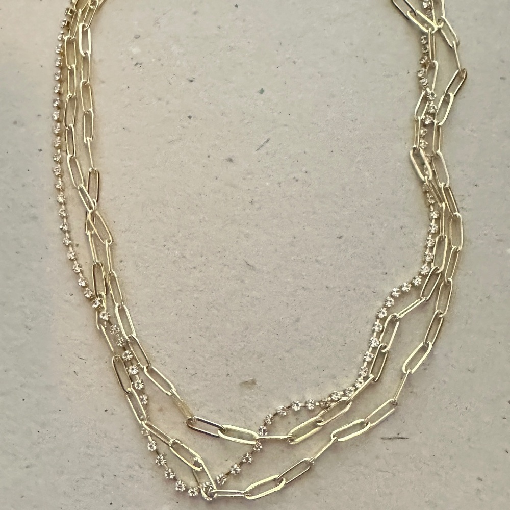 Express Gold 3 Strand Paper Clip & Rhinestone Necklace